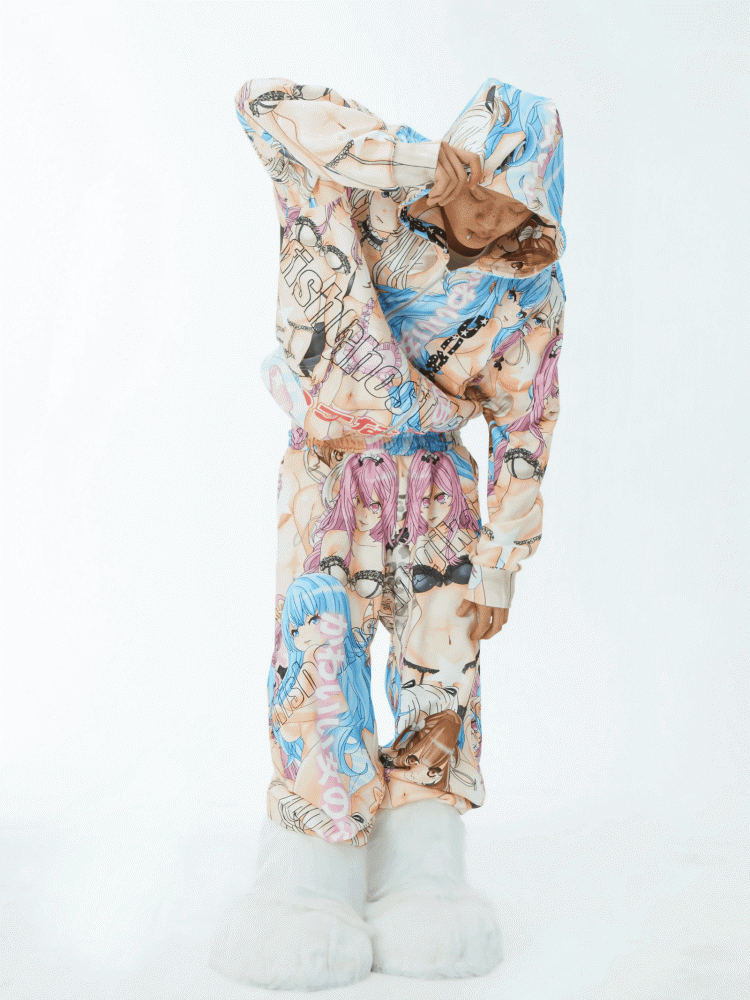 Closure Hoodie Colorful Cartoon Print Zip