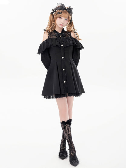 Black Illusion Neckline Cutout Shoulder Jirai Kei Long Sleeves Dress with Bow Tie