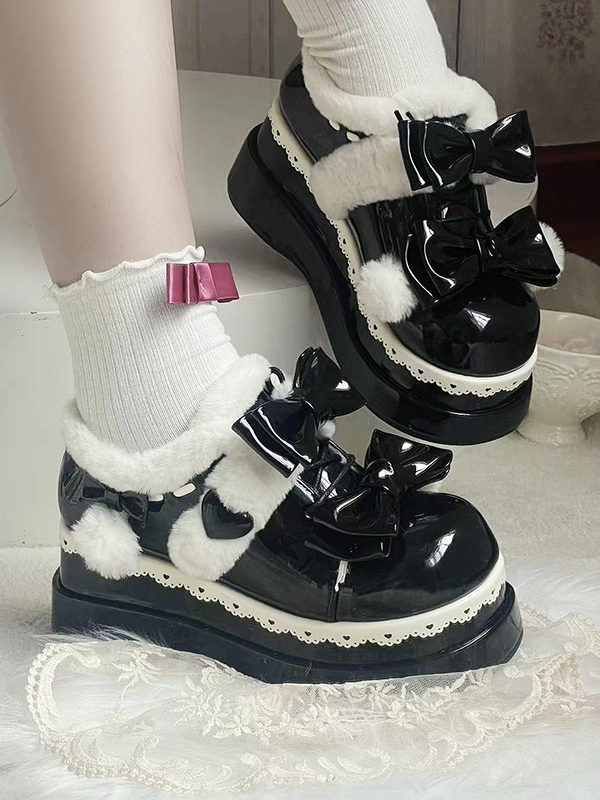 Lolita Black Cute Heart Bowknot Platform Shoes With Pompons