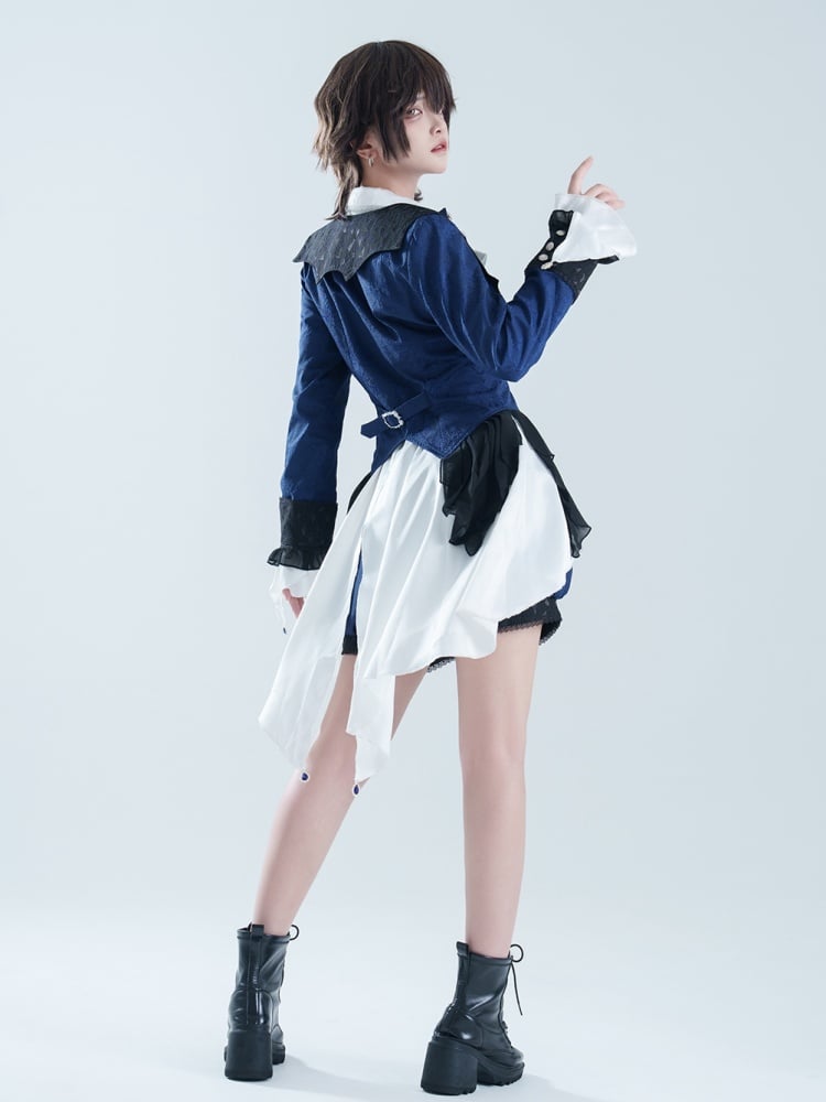 Gothic Ouji Lolita Ciel Vibes Dark Blue Prince Coat White Long Sleeves Shirt Dark Blue  Shorts