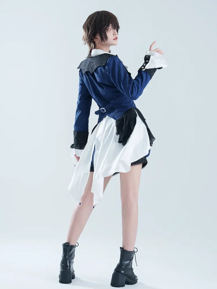 Lolita Gothic Prince Shirt Set Dunkelweißer Mantel Ouji Ärmel Shorts Blau + Dreiteilig + Blau Lang Dunkel