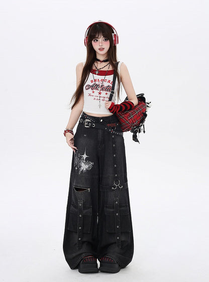 Jeans Black Butterfly Wide-Leg Cargo Print Strap Details Vintage
