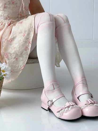 - Pink Lace Light Trim Janes Bow Mary Toe Embellishments with Sweet Round Lolita Low-heel Design