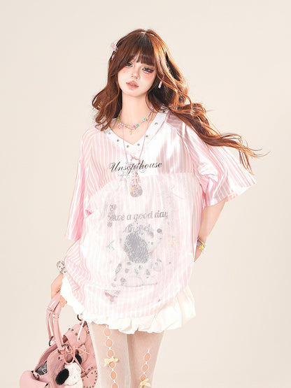 Pink/Silver Blokette Core V-Neck Striped T-Shirt