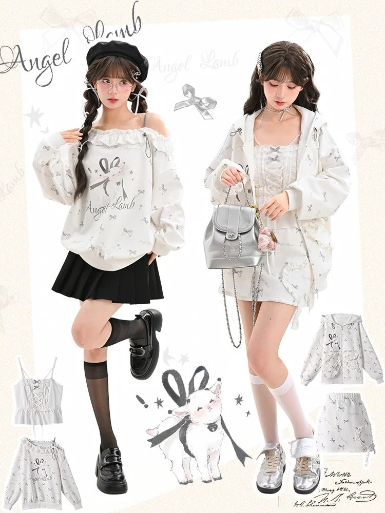 Ruffled Asymmetrical Lamb and Bow Print White Neckline Sweatshirt