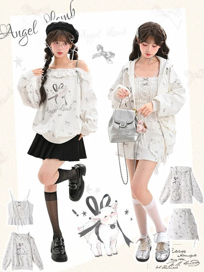 Ruffled Asymmetrical Lamb and Bow Print White Neckline Sweatshirt
