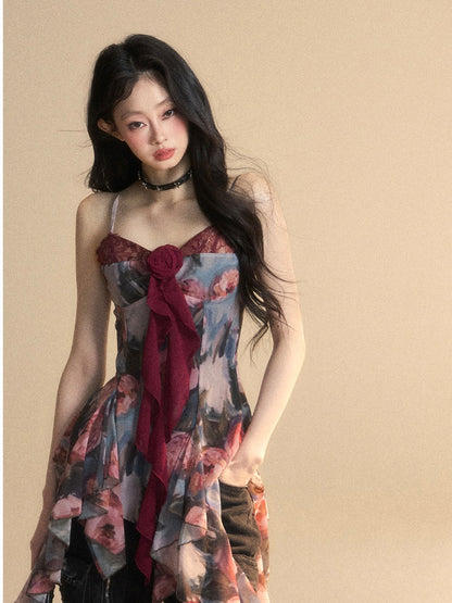 Painting Red Oil Cami Top Asymmetrical Flounce Embellished Hem Floral Glamorous