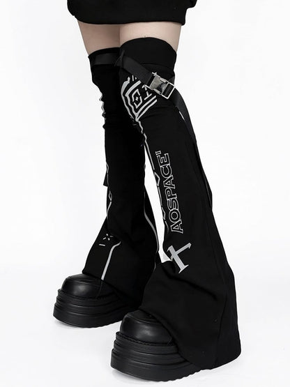 Reflective Leg Warmers Black Cyberpunk Design Techwear Flared Print