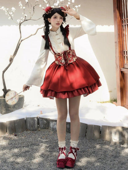 Jupe Lolita Rouge Nouvel An Courte Version Papillon et Broderie Florale Ensemble Complet