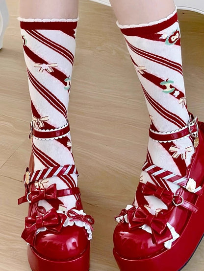 Apple Striped Red Lolita Print Bowknot Socks Calf Pattern