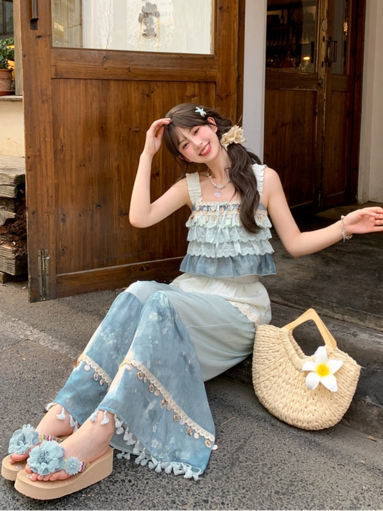 Tassel Hem Shell Charm Wide-Leg Holiday Pants Blue Colorblock Design