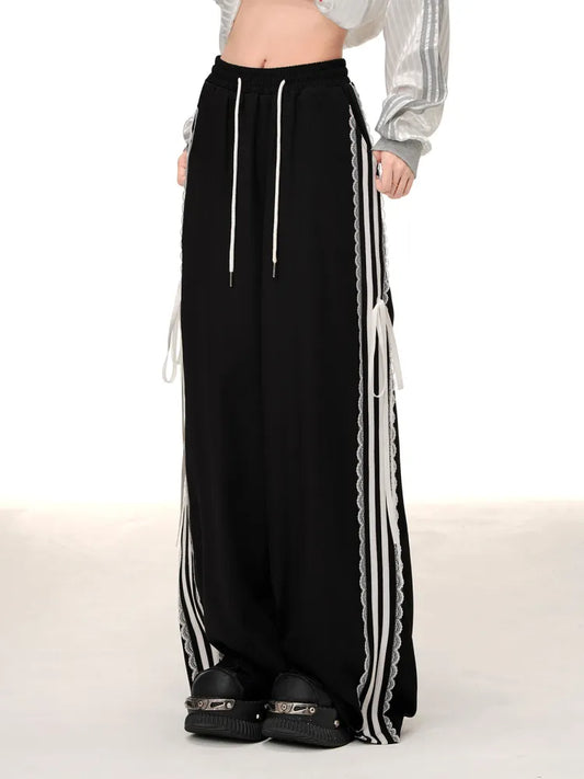 Black Lace Trim Wide-leg Cut Blokette Core Pants