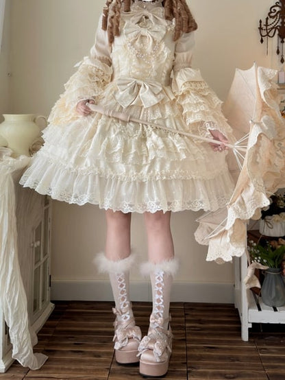White Dress Hanayome Lolita Jumper Bows Skirt Decorated Lace Apricot Trims