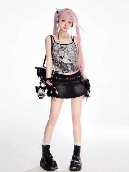 Y2K Cartoon Print Black Scoop Neckline Slim-fitting Cami Top