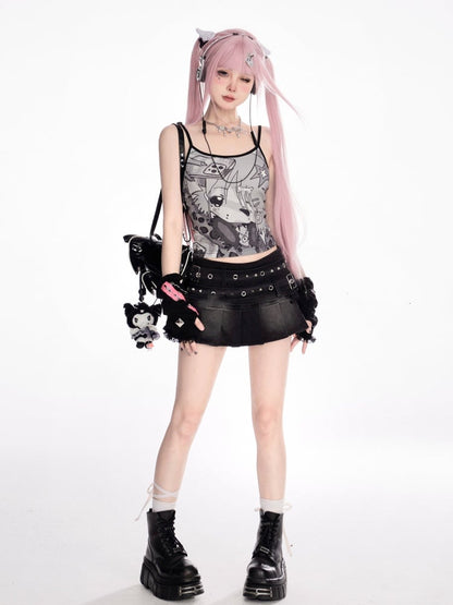 Straps Mini Pleated Denim Skirt Waist Studded Buckle Black Low