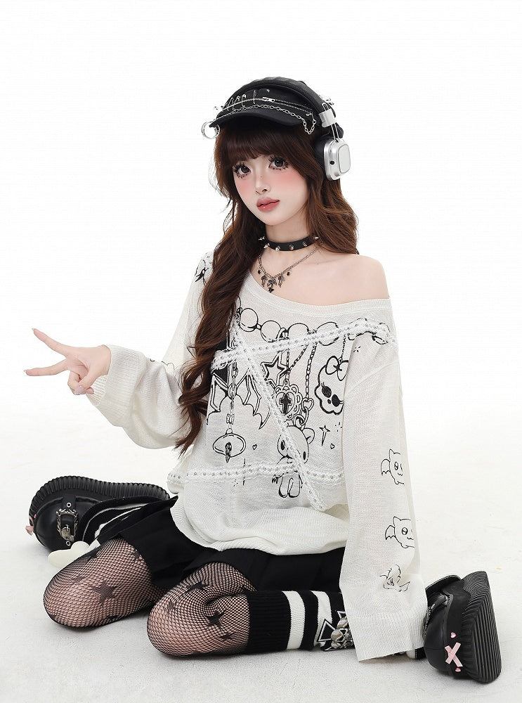 Asymmetrical Neckline Lace Black/White Sun Protection Glamorous Applique Graphic Top