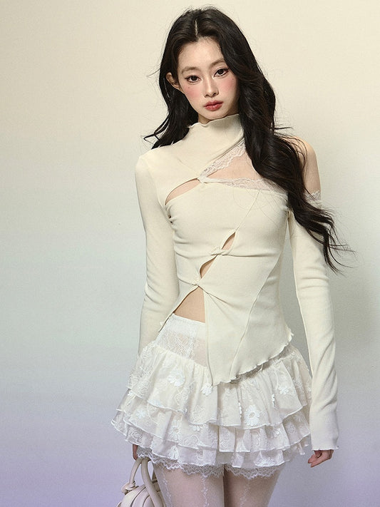Apricot Cutout Shoulder Mock Neck Top with Asymmetrical Hem