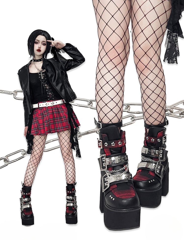 Black & Red Punk Rectangle Metal Plates Buckle Straps  Platform High Block Heels with Studs and Chain
