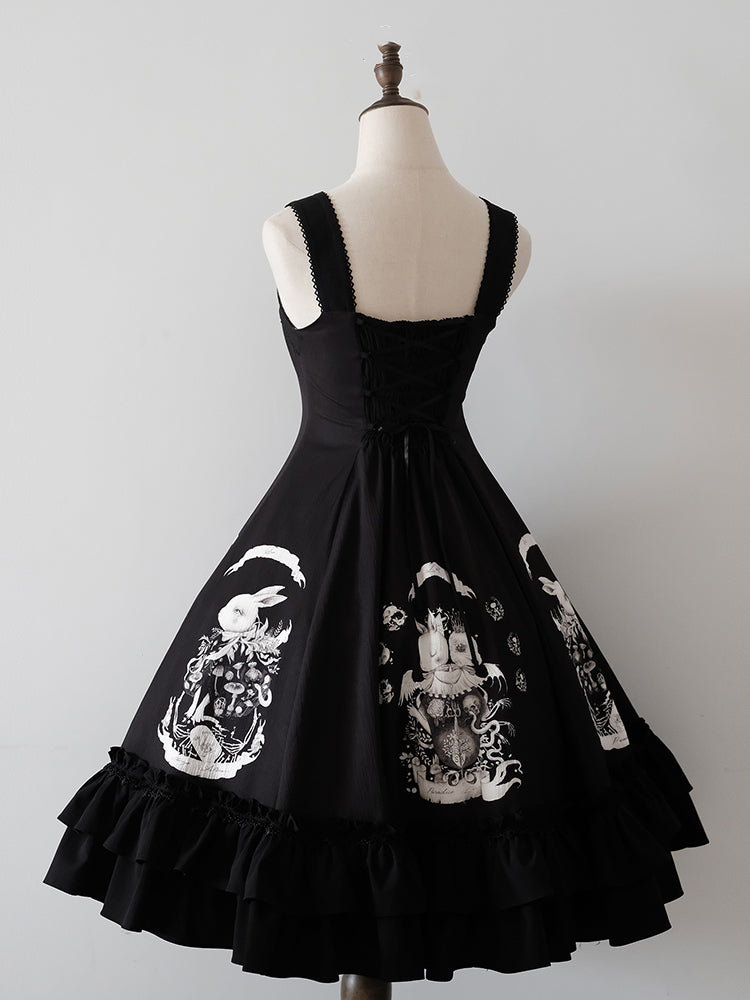 Dark Waist Dress Gothic Bunny Fit Slim Lolita Black Print