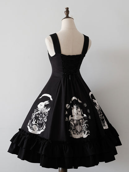 Dark Waist Dress Gothic Bunny Fit Slim Lolita Black Print
