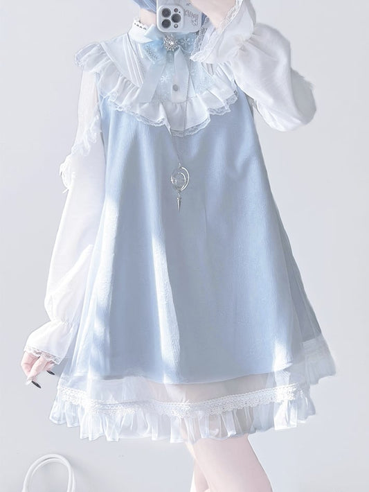 Jirai Kei Light Blue Lace Patch Shoulders Landmine Style Lace Trimmed Long Sleeve Dress