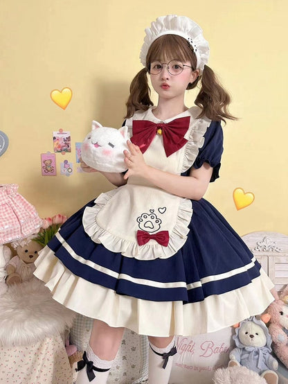 Robe tablier bleu foncé avec broderies de pattes de chat Sweet Maid Lolita