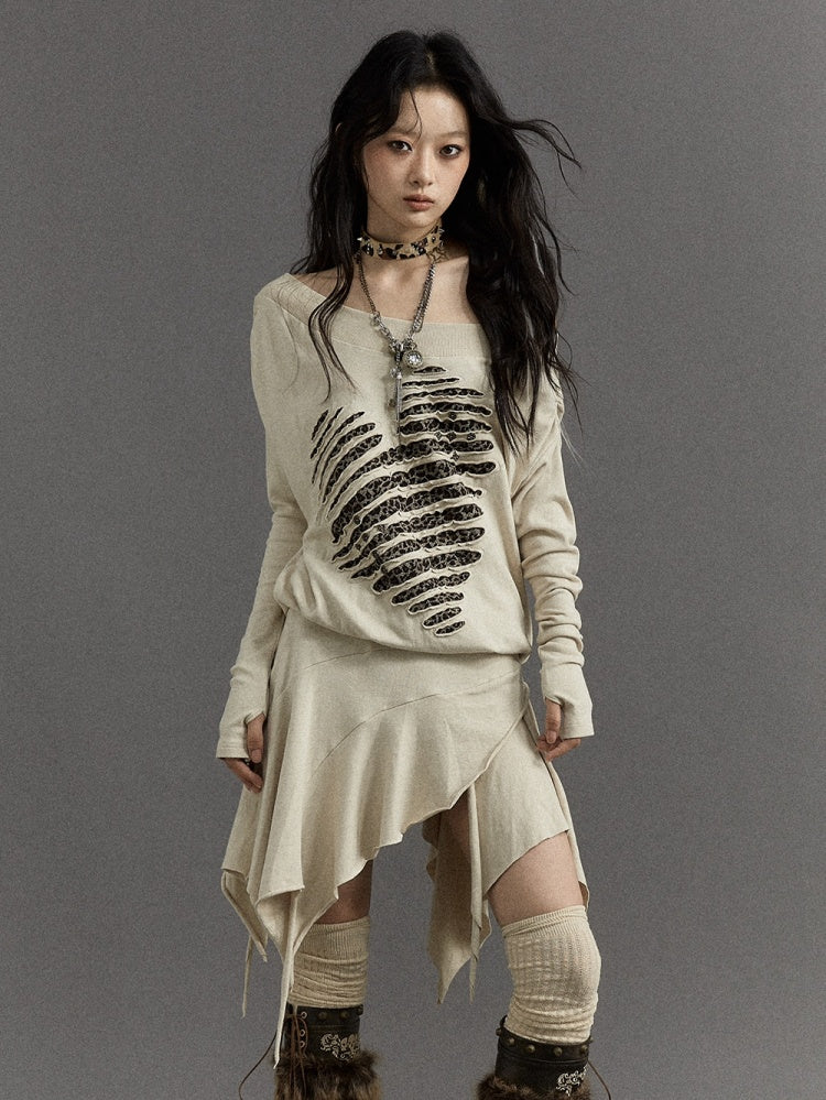 Wasteland Punk Beige Leopard Heart Asymmetrical Long Sleeves Dress