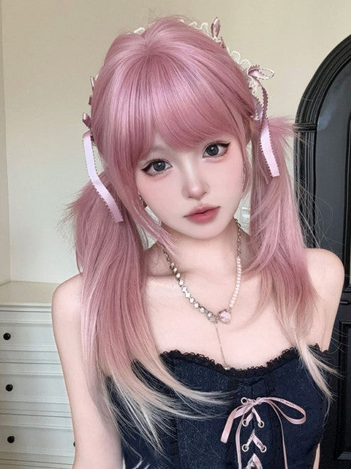 68CM Hair Length Color Air With Straight Pink Bangs Ombre Wig