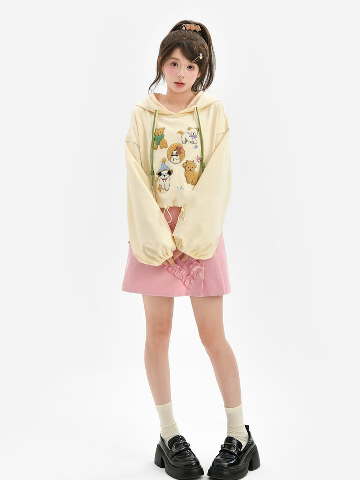 Apricot Plush Puppy Drawstring Waist Hoodie