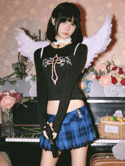 Punk Navy Blue Plaid Studs Detail Lace Trim Y2K Mini Pleated Skirt