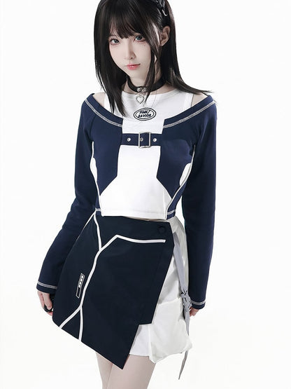 Blue and White Colorblock Shoulder Cutouts Techwear Long Sleeve Top with