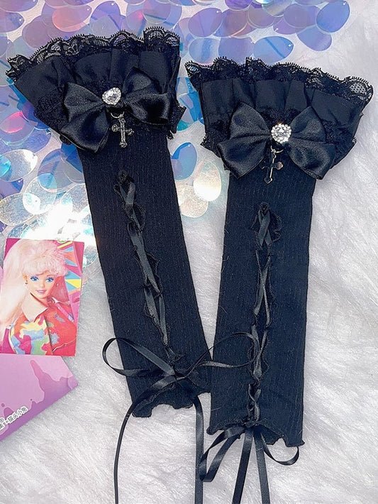 Kei Y2K Details Cross Black/White Lace-up Charm Jirai Sleeves