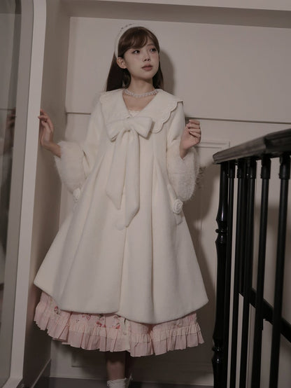 White Detachable Cozy Faux Fur Collar Winter Woolen Coat