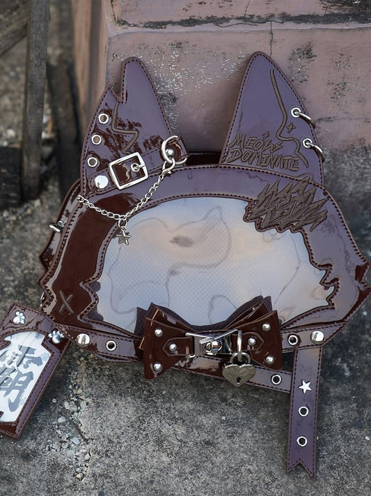Design with Bag Ear PU Free Ita Studs Bowknot Kitty Tote Card Detail Brown Holder