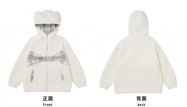 Milk White Plaid Bowknot Details Bears Ears Fleece Zip Hoodie