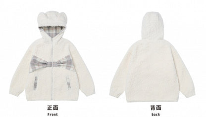 Milk White Plaid Bowknot Details Bears Ears Fleece Zip Hoodie