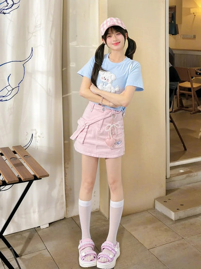 Kawaii Blue/Pink Plush Puppy Applique T-Shirt Yume