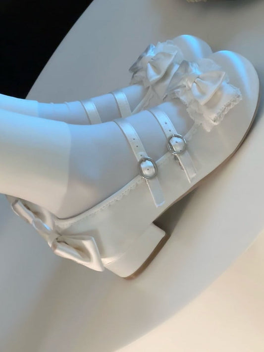 Sweet Janes Double with Mary Satin-Finish Lace Ruffled White Bow PU Lolita Buckles -