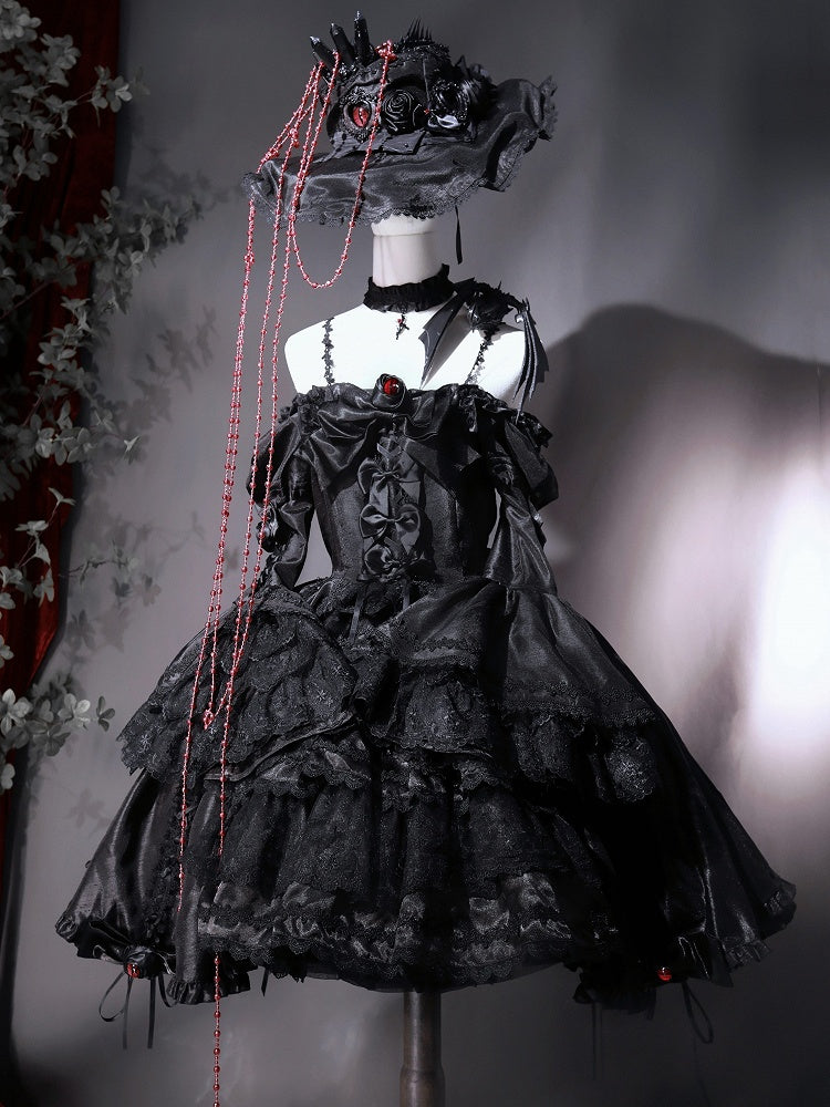 Kuro Drawstring Dress Bell Sleeves Skirt Gothic Black Bowknot Lolita Details and Layered