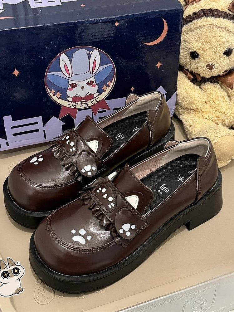 Cat Accents Design Shoes Mid-heel Brown Style Slip-On Ear PU Paw Preppy Print - with