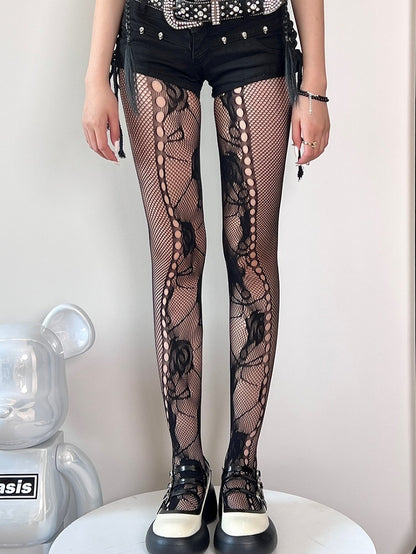 Black/White/Brown Y2K Cut-out Design  Floral Pattern Tights