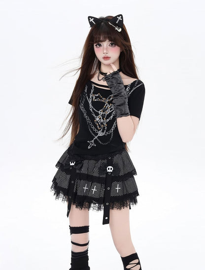 Tiered Skirt with Black Stripes Lace Trim Punk Lined Bow Clips Skeleton
