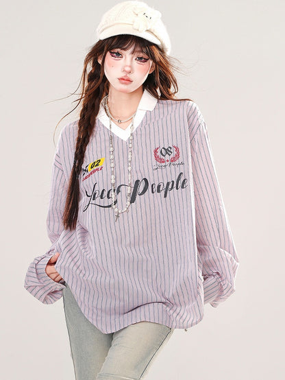 Blue/Pink Letters Embroidery V-neck Striped Loose Top