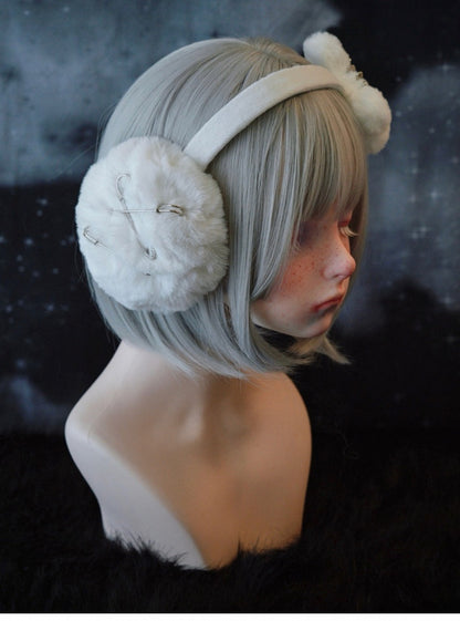 White Handmade Crossand Pins Plush Bone Earmuffs