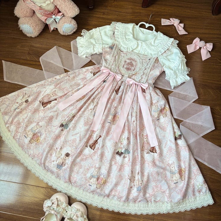 JSK Violin Dress Sweet and Lolita Waist High Bunny Print Pink