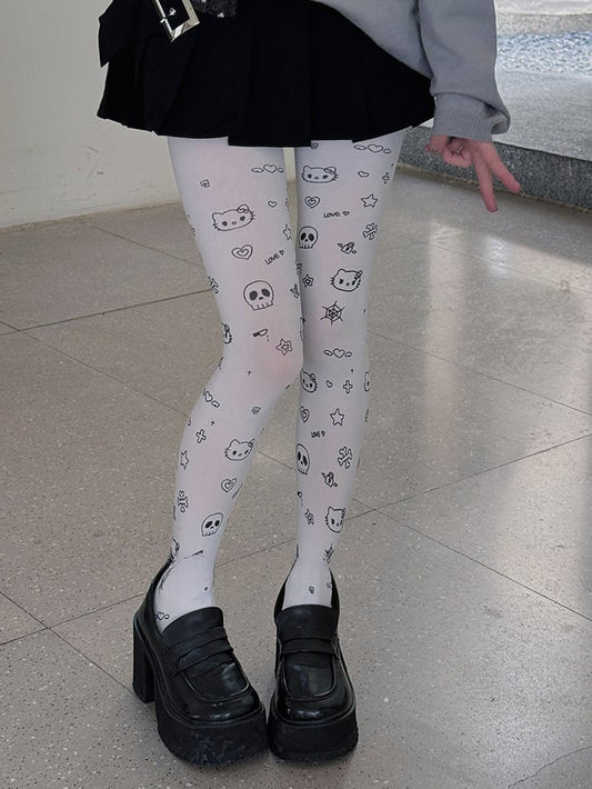 White Sweet Kitty Heart Star Print Cartoon Tights