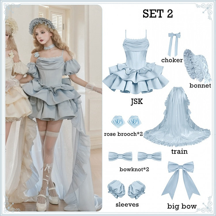 Boned Set JSK Waist Full Straps Elegant Blue Neckline Dress Cowl Spaghetti Lolita