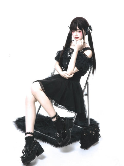 Trim Skirt Buttons Lace Sweetheart with Jirai Kei Black High Waist