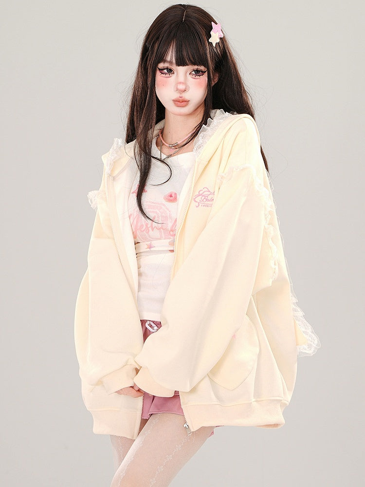 Blue/Apricot Bunny Ears Lace Trim Zip Hoodie