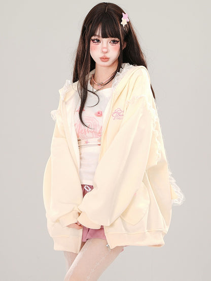 Blue/Apricot Bunny Ears Lace Trim Zip Hoodie